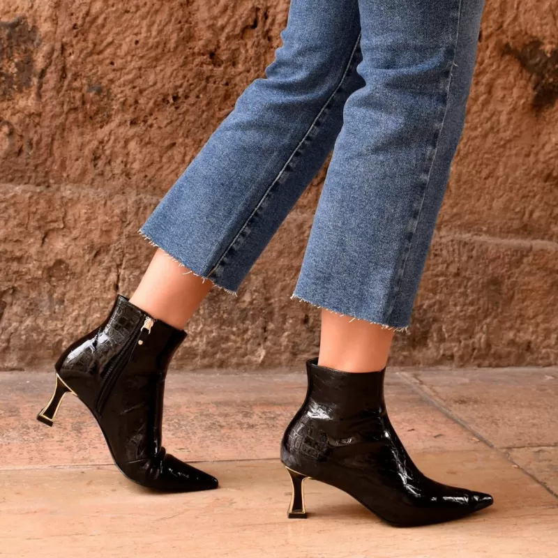 Ankle Boots>Exe Shoes Erica-311 Black Coconut Patent Leather Slim Heel Ankle Boot