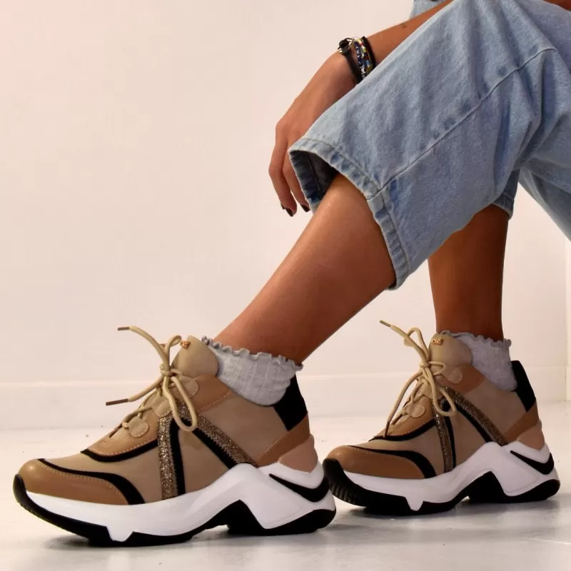 Sneakers>Exe Shoes Ex133 Platform Sneaker In Beige-Black