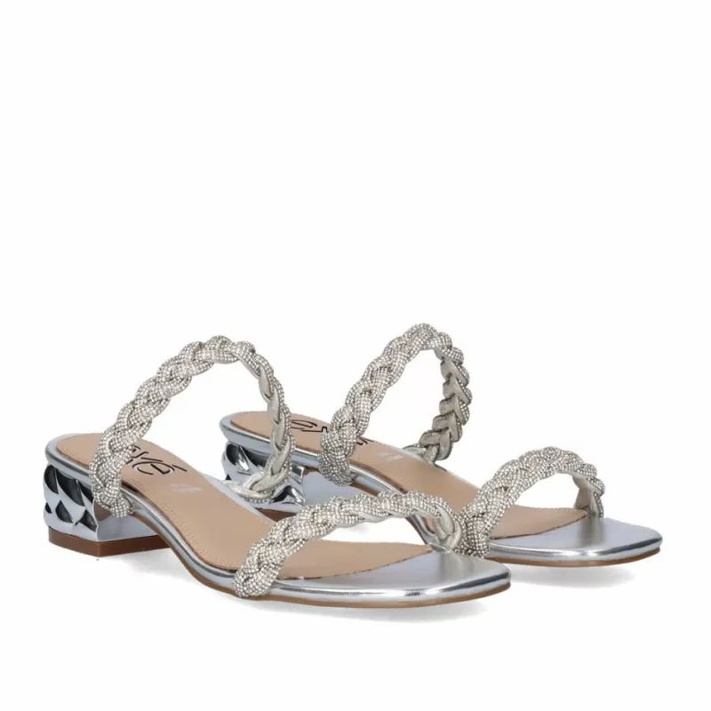 High Heeled Sandals>Exe Shoes New Low Heel Sandal Katy-411 Strass Silver